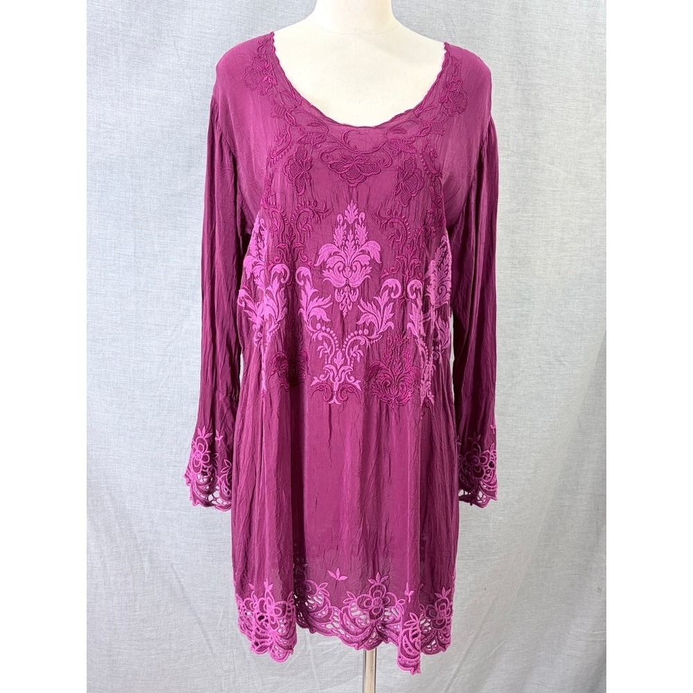 Johnny Was Robin Tunic Embroidered Crochet Hem Berry Cupra Rayon M $288